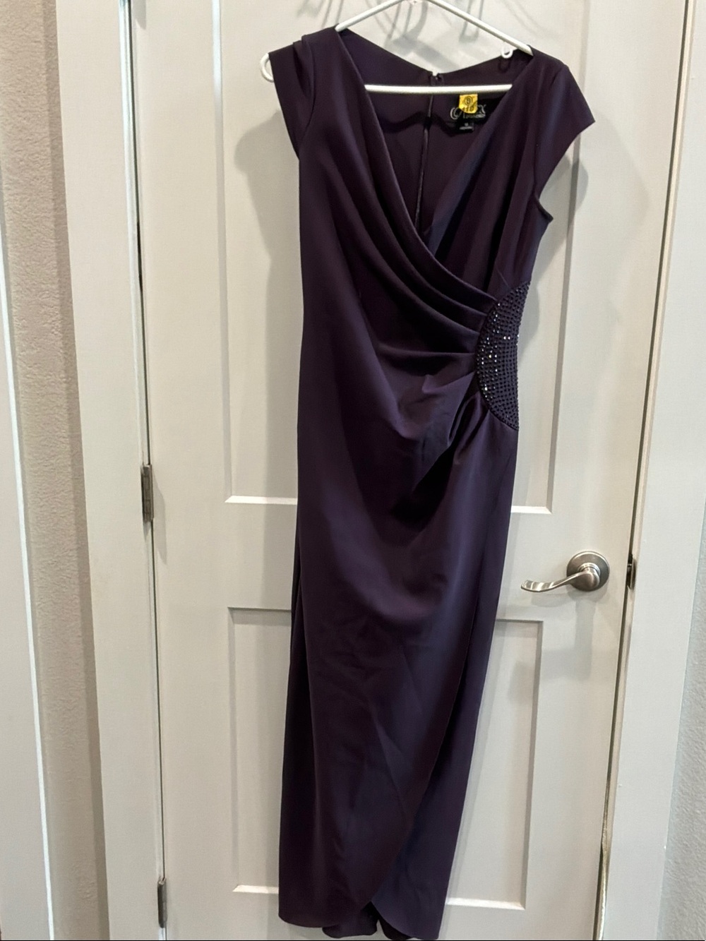 Alex Evenings 10 Deep Purple Formal Maxi Dress Beaded Side Back Zip Flattering
